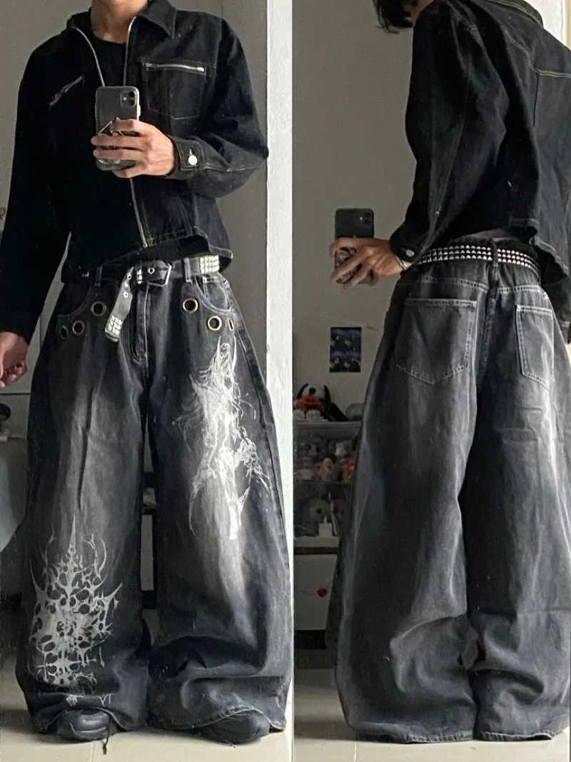 Men's Jeans American New Fashion Oversized Pattern Printed Washed Jeans Men Y2K Gothic Rock Popular Casual Joker High Waist Wide Leg PantsT2610