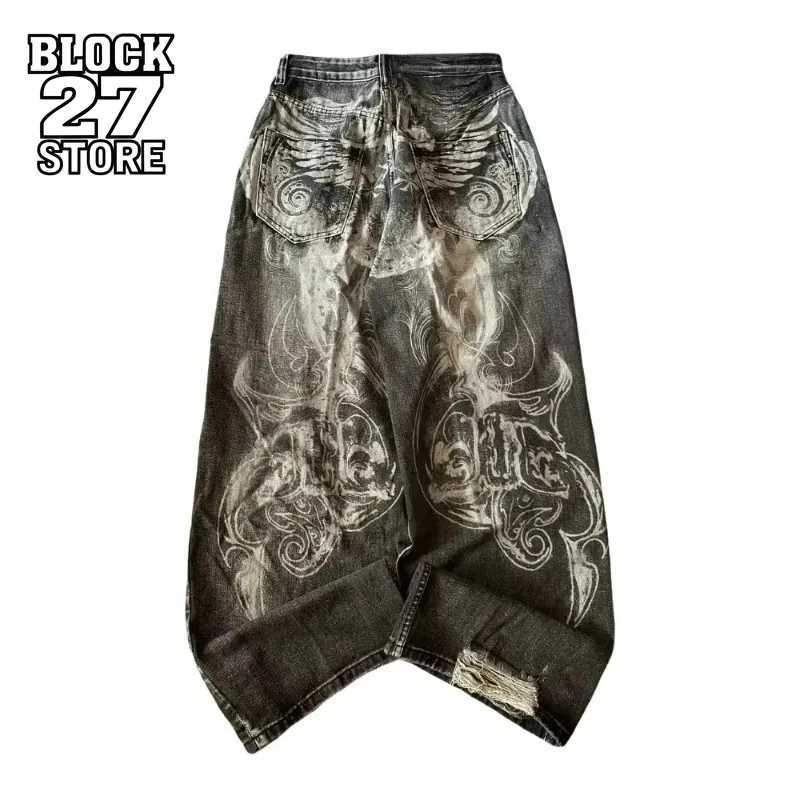 Men's Jeans Mens Jeans Harajuku Streetwear Oversized Print Baggy Y2K Gothic Hip Hop Vintage High Waist Wide Leg Denim Pants Casual FashionT2610
