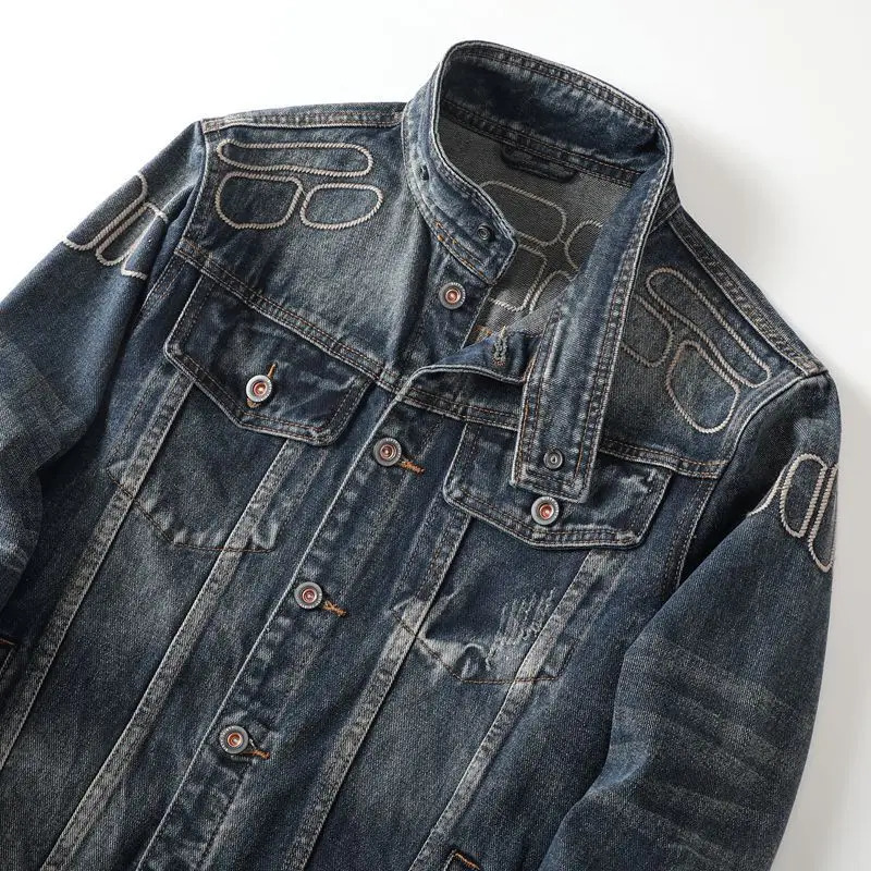 European and American streetwear men's denim jacket autumn winter turndown collar rebellious cool high street style 261012