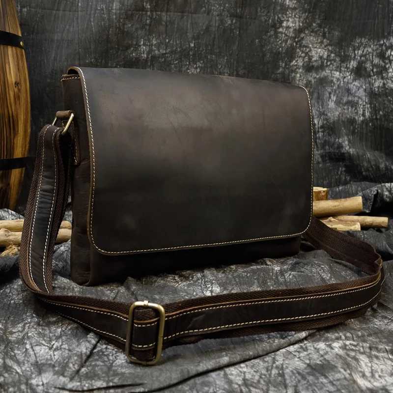 Shoulder Bags Men's Genuine Leather Messenger Bag A4 Vintage Crazy Horse Leather Shoulder Bag Cowhide Magnetic Flap Laptop Crossbody Bag H26101
