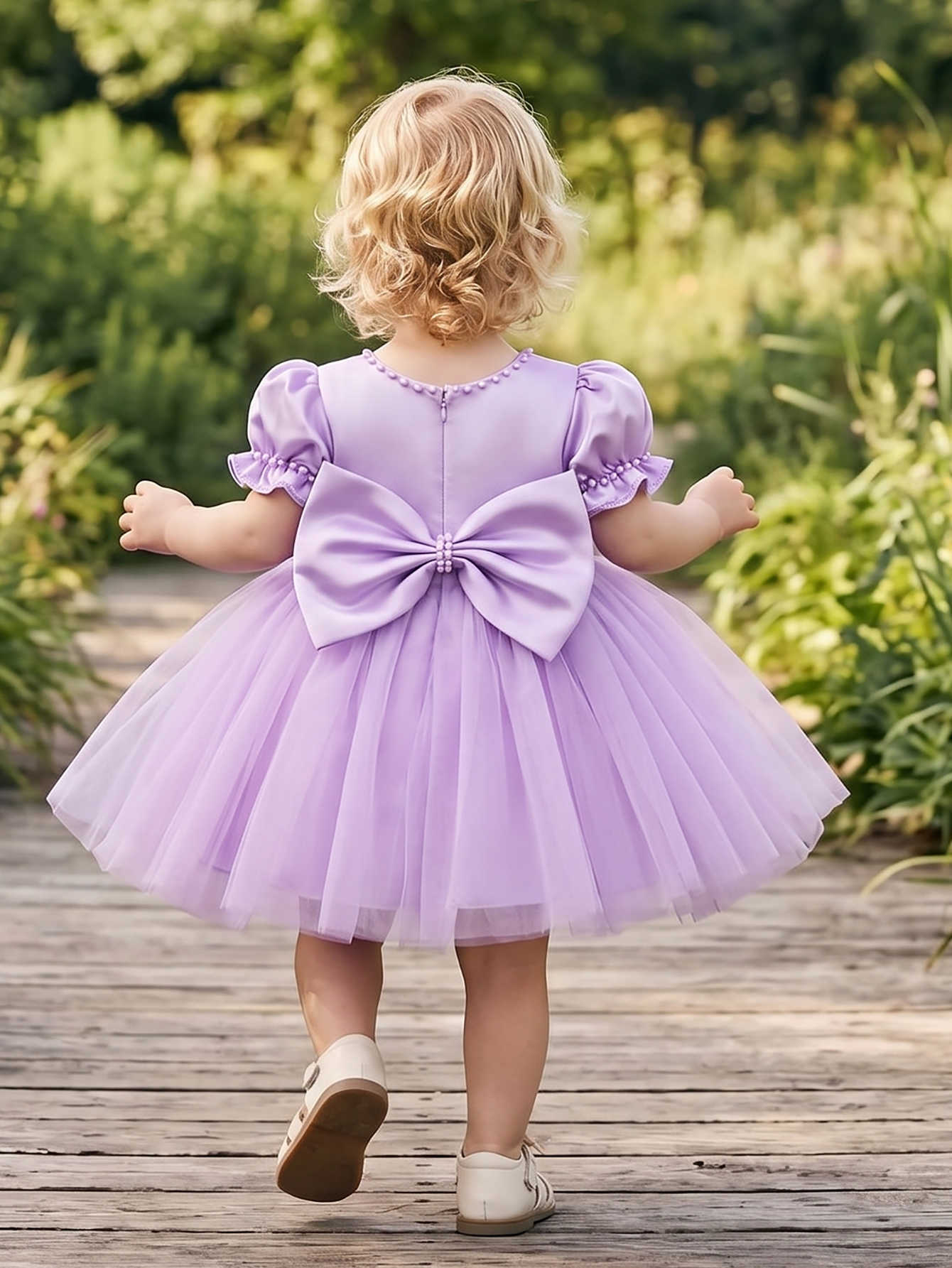 Girls Baby Purple Puff Sleeve Pearl Trim Tulle Dress Satin Bow Princess Party Gown For Birthday Wedding Gift Elegant Celebration S261016NJC4