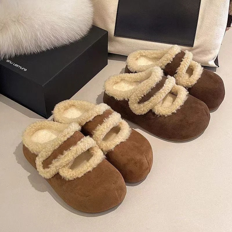 Fashion Round Head Suede Warm Slippers Anti-slip Soft Plush Slippers Women Home Wear Thick Bottom Retro Winter Shoes Outdoor 261016