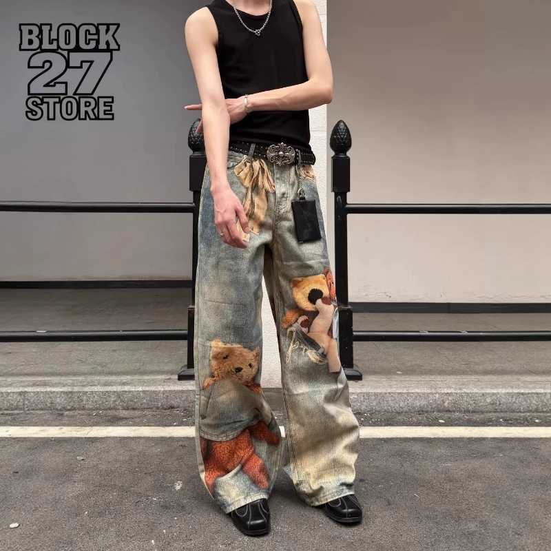 Men's Jeans American Retro Vintage Washed Teddy Bear Graphic Printed Jeans Unisex Baggy Straight Y2K Streetwear Wide Leg Trousers HarajukuT2610