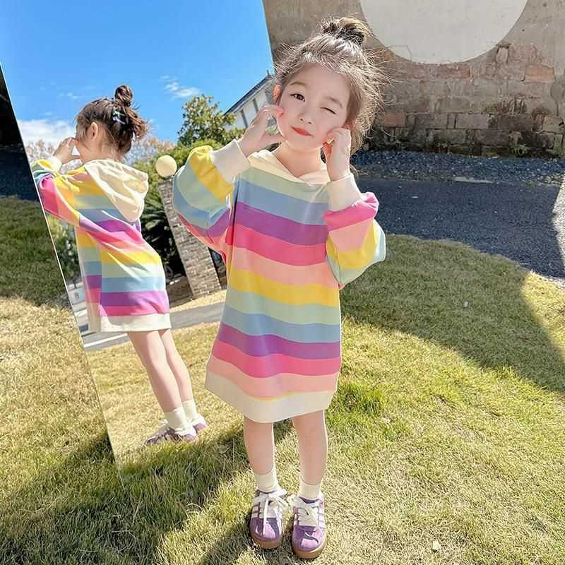 Casual Girls Dresses Girls Hoodie Dress Autumn New Korean Style Rainbow Stripe Mid-Length Dress Cute Pullover Tunic for Toddlers S261016DXSS