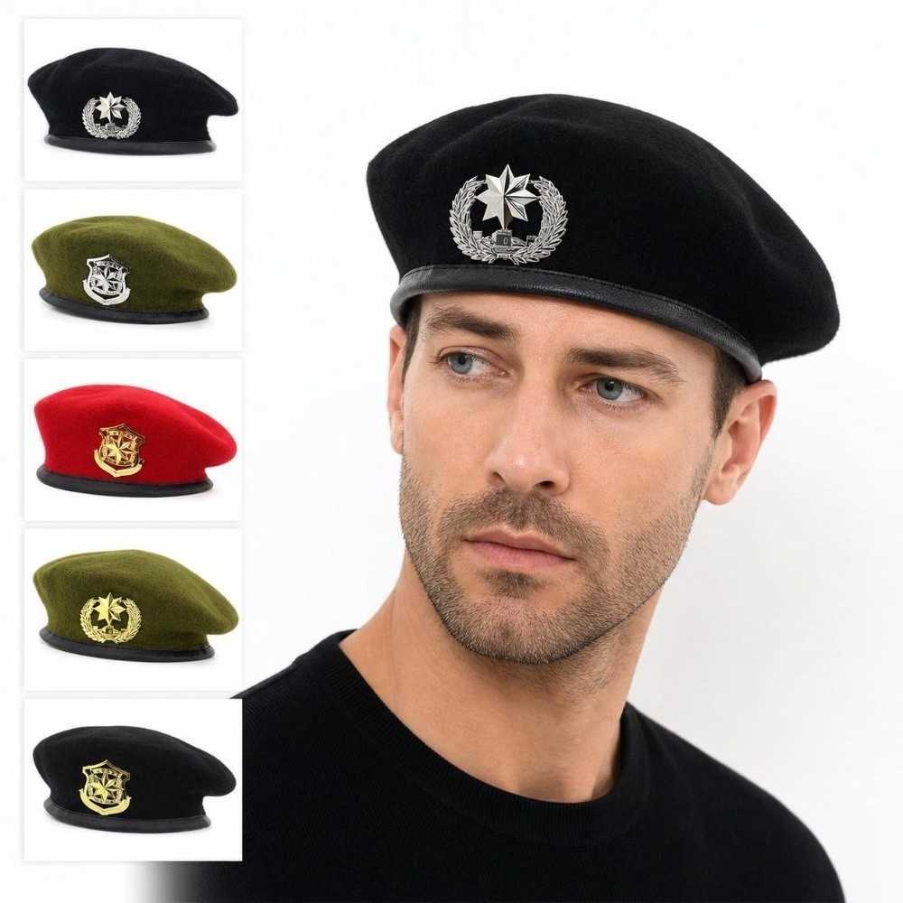 PU Fashion Leather Trim Wool Beret Hat Metal Badge Windproof Beret Cap Adjustable Drawstring Casual Costume Berets For Men Women S2610162VZS