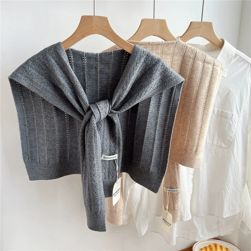 Korean Plain Basic Hollow Out Knitted Warm Shawl Winter Female Blouse Shoulders Collar Cape Knotted Scarf Stripe Outerwear 261015