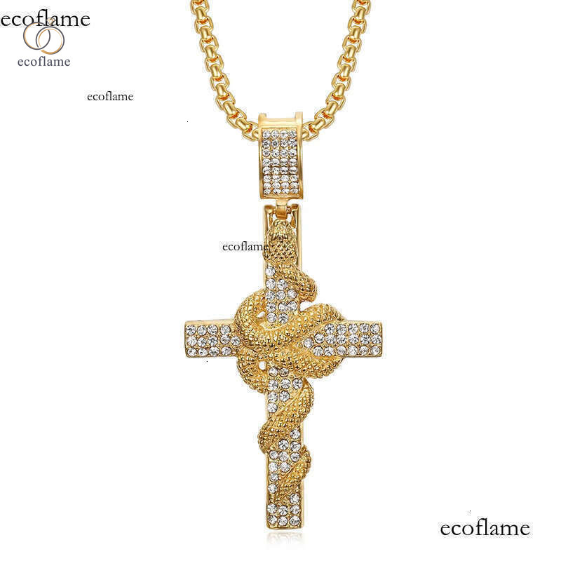 Retro Fine Snake Dish Cross Pendant Necklace 316L Stainless Steel Gold Plated Fashion Non-fading Not Sensitive Men Jewelry