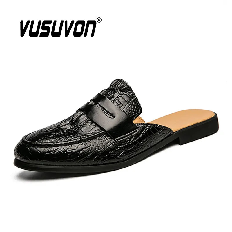 Men's Genuine Leather Half Slippers Fashion Breathable Casual Keep Toe Sandals Outdoor Beach Shoes Mules Penny Loafers 261016