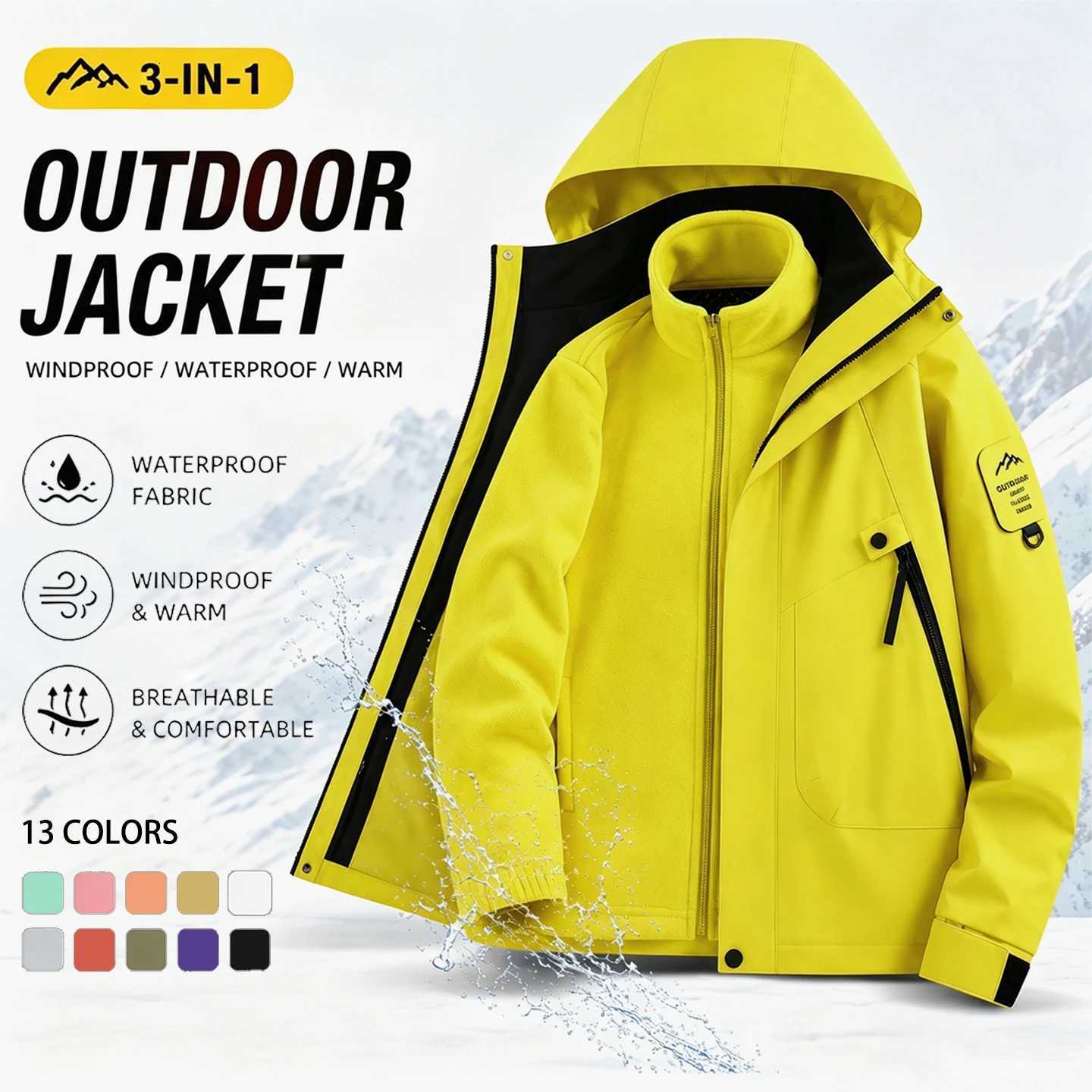 Outdoor Jackets Hoodies Men's 3-in-1 with Rovab Fece Liner Waterproof Windproof Coat for Hiking Cam Travel and Daily Outdoor UseT261016