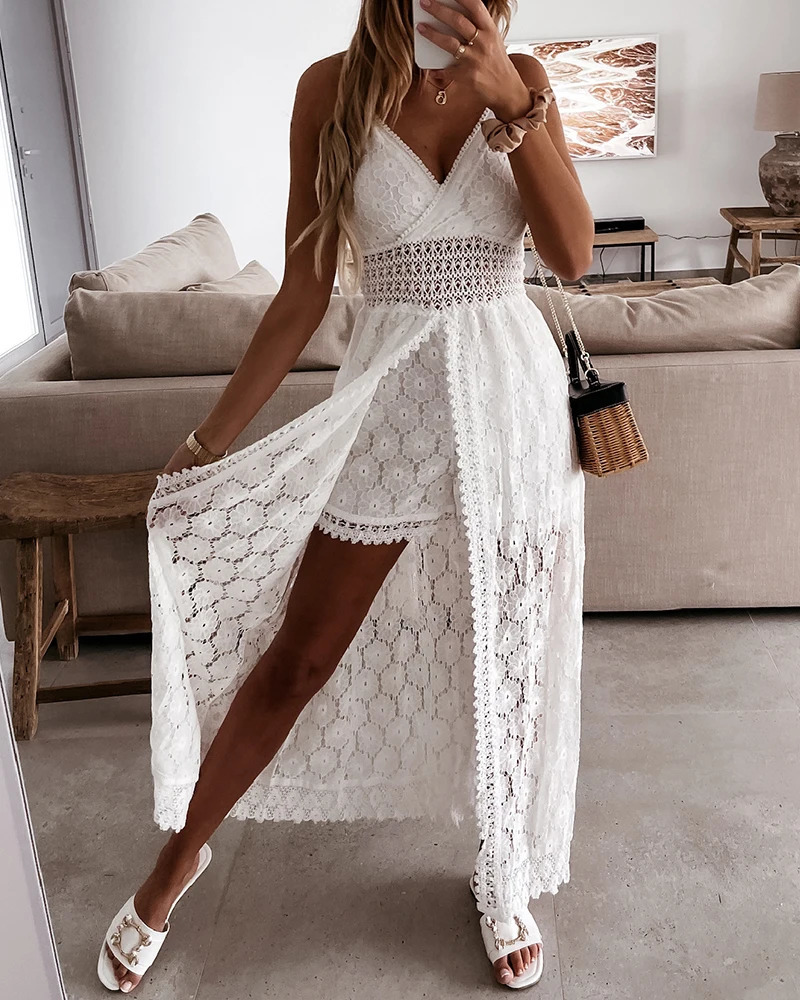 Summer V Neck Solid Color Lace HollowOut Sleeveless Sling Party Wear High Waist Rompers Holiday Casual White Women's Jumpsuit 261015