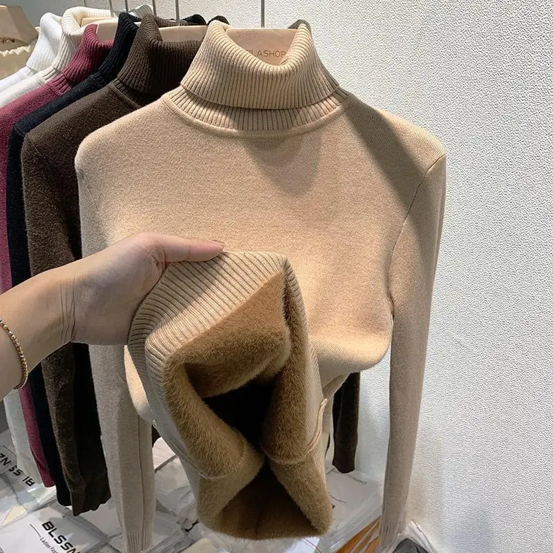 2025 Thicken High Collar Pullover Women's Sweater Top Winter Warm and Soft Solid Color Inner Wear Bottoming Shirt 261008