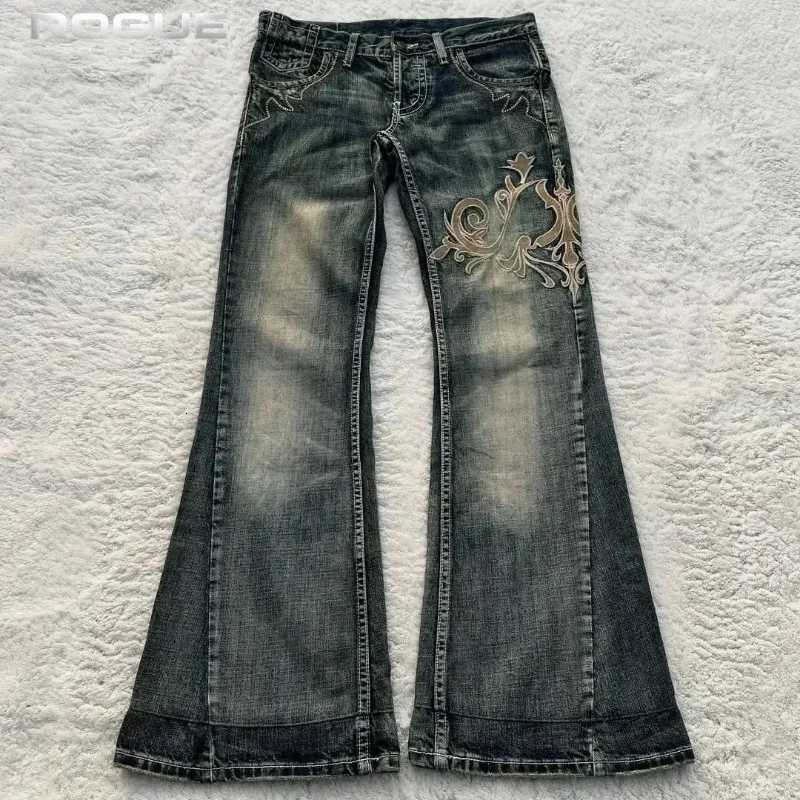 Men's Jeans Summer Streetwear Embroidered Flare Jeans Men Y2K Retro Gothic Punk Casual Harajuku Distressed Vintage Black Denim Pants UnisexT261