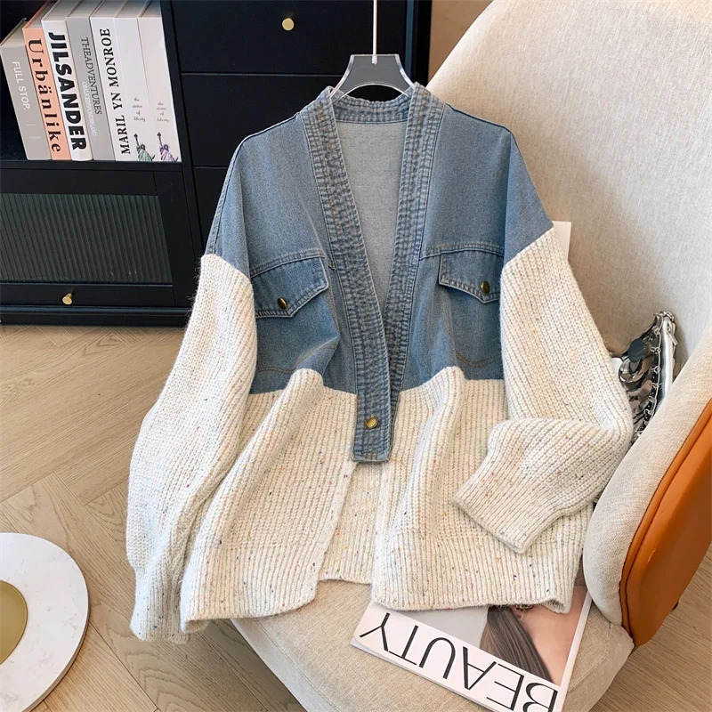 Fat mm200 Pounds Vintage Denim Patchwork Sweater Coat ins Fashion Woman Autumn and Winter Thickened Loose Niche Cardigan 261015