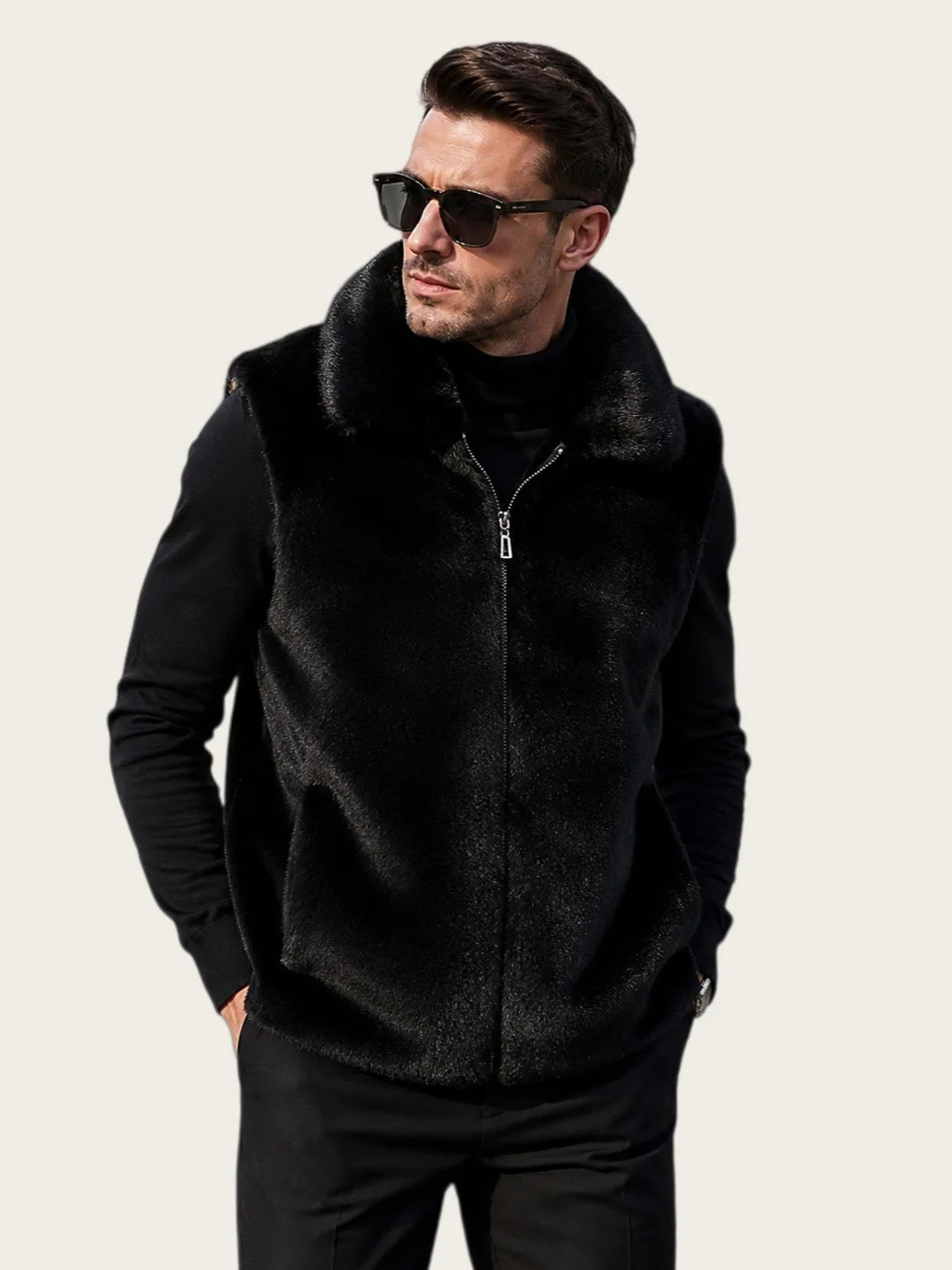 Men's Black Mink Fur Vest Sleeveless Stand up Collar Zipper Warm Autumn Winter Fashion Outerwear 261012