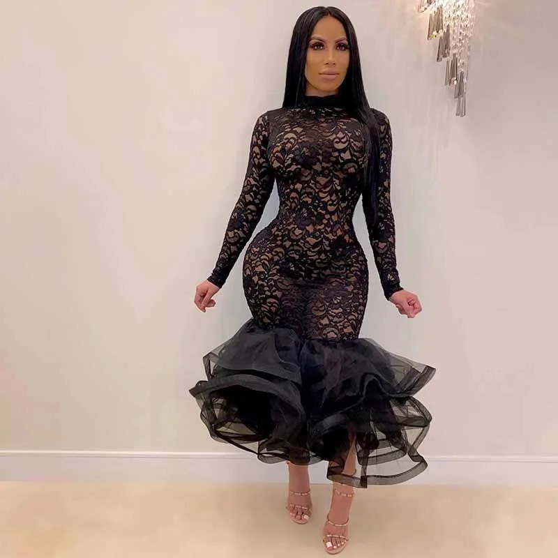 Sexy Night Party Wedding Evening Lace Dress Women See-through Hollow Out Cascading Ruffle Mermaid Bodycon Midi Dress Vestidos 261015