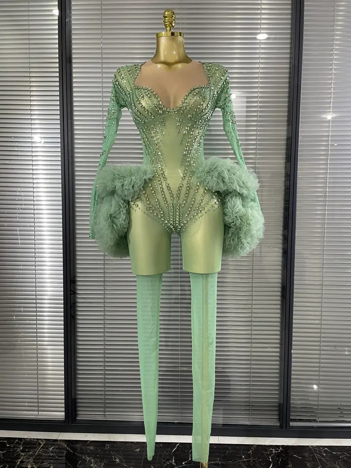 Mint Color Women Shining Rhinestones Mesh Ruffles See Through Bodycon Jumpsuit Bar Dance Performance Costumes Stage Wear 261015