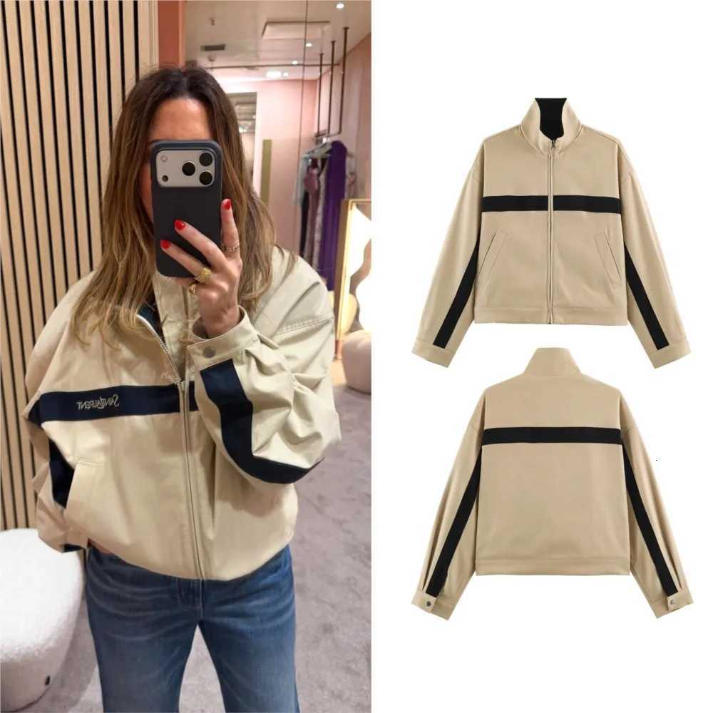 Jackets Men's Jackets Women Khaki Autumn Female Chic Color Blocking Stand Collar Long Sleeved Zipper Coats Lady Casual Streetwear Jackets N2610