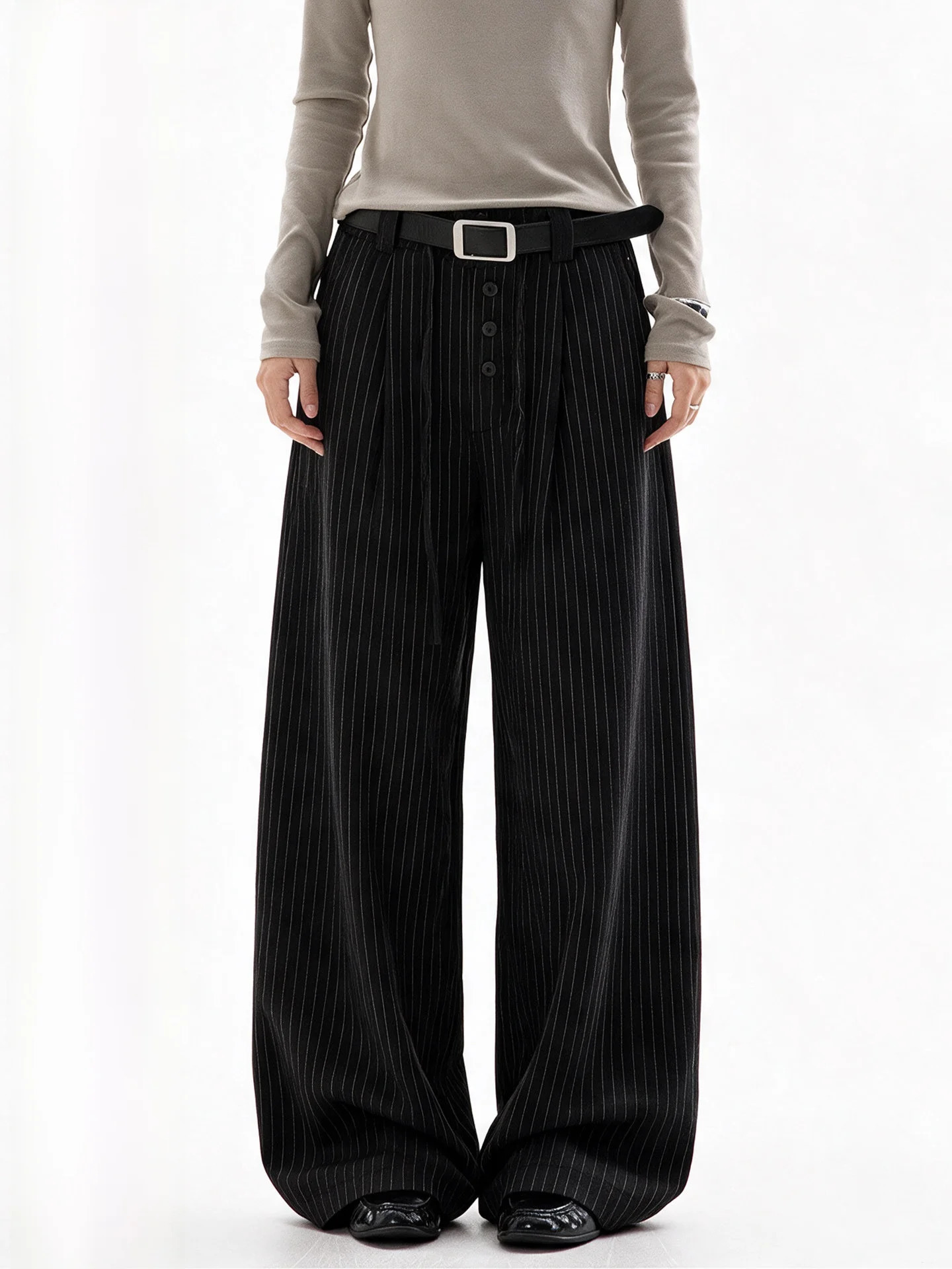 Aaisup Black Striped Wide Leg Pant's Spring Autumn Drawstring Casual Trousers Slimming Silhouette Polyester Fiber 261015