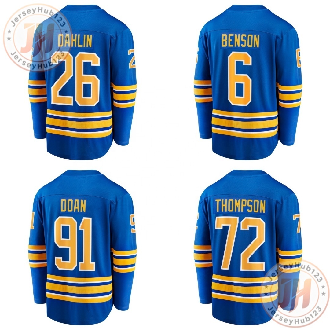 #26 Rasmus Dahlin #72 Thompson #91 Josh Doan Men's Embroidery Ice Hockey Jersey Blue Drop Shipping Hockey Uniform
