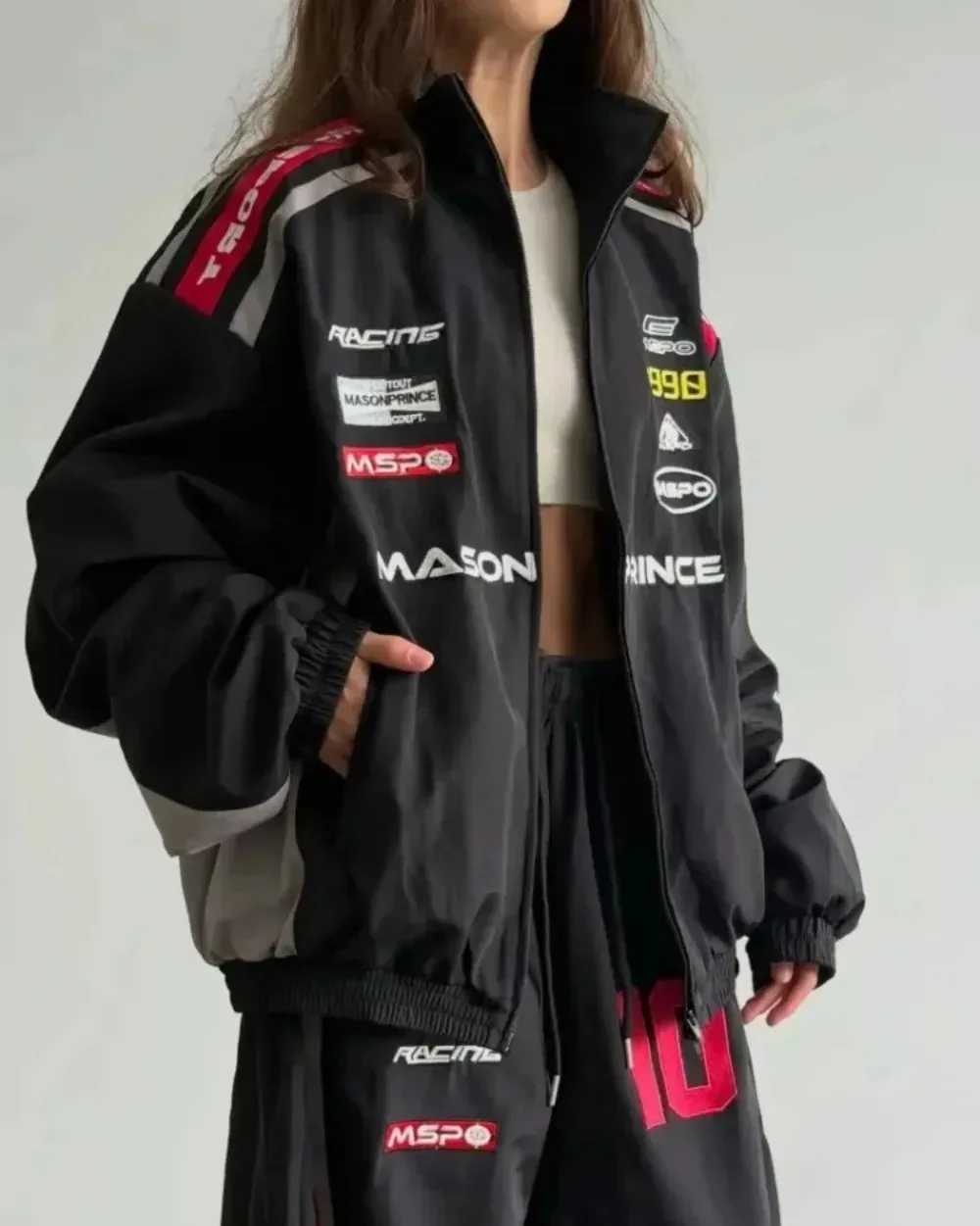 Retro American Men's Black Jackets and Red Patchwork Racing Suit Set Embroidered Slogan for Women Loose Jacket Wide Leg Workwear Sports Pants N