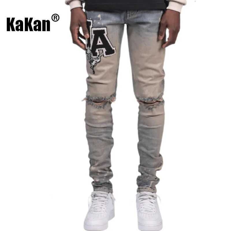 Men's Jeans Kakan - New Men's Blue Slim Fit Patch Jeans Y2k Printed Design Long Jeans Man BrandT261016