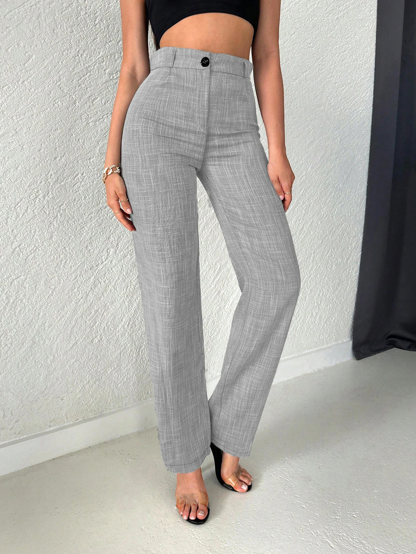 Women's Gray High Waist Straight Leg Pants Spring Summer Versatile Office Casual Commuting Suit Trousers 261015
