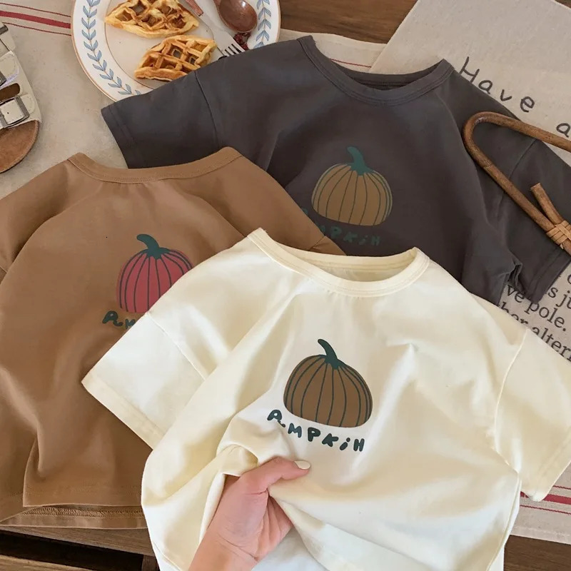 Kids Clothes Little Pumpkin Print T-shirt Casual Loose Crewneck Tops Boys And Girls Thin Cotton Solid Color Tees Short Sleeve261016