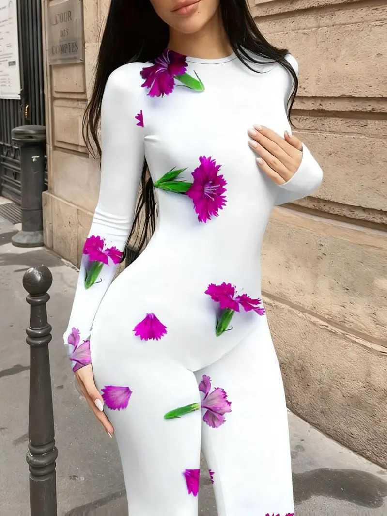 Round neck long sleeved slim fitting jumpsuit with elastic and tight fit to show off the figure women's 261015