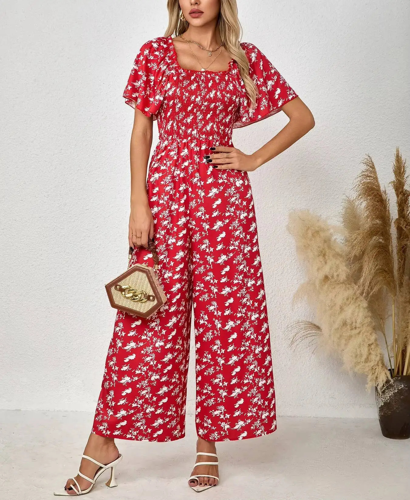 Women's Red Jumpsuit Floral Print Square Neck Flutter Sleeve Smocked Waist Wide Leg Spring Summer Party Casual Vacation Romper 261015