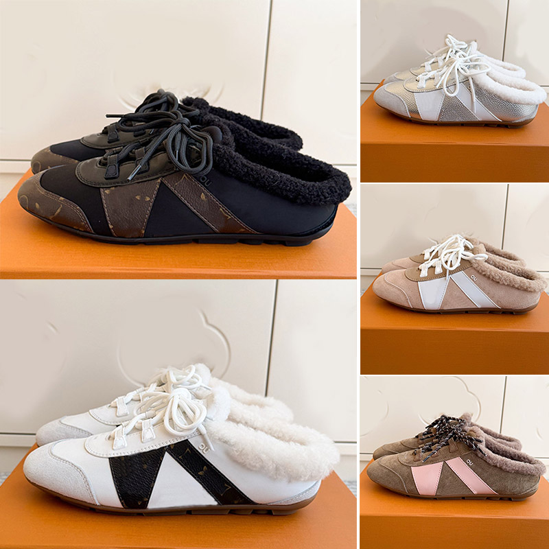 Womens Designer Open Back Sneakerina Winter Warm Wool Lining Laced Up Ballet Style Mules Shoes 1AKYL8 Classic fashion Color Blocked Shoe Upper Made