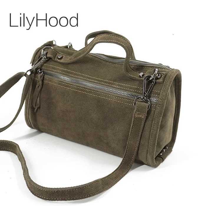Totes Female Fashion Quality Suede Genuine Leather Rivet Side Shoulder Bag Women Casual Big Capacity Designer Overnight Boston Handbag X261016