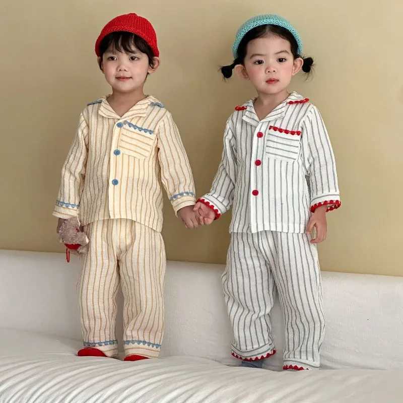 Pajamas 2026 Spring New Children's Pajama Set 1-8Y Cotton Linen Soft Cotton Boys Pajama Suit Striped Girls Sp Wear Kids Indoor SuitW261019