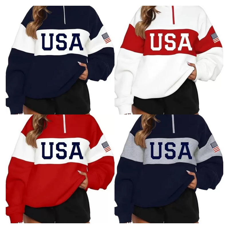 Womens Oversized Long Sleeve Sweatshirt Half Zip Stand Collar USA Letter Graphic Contrast Panel Patchwork Loose Fit Casual Fashion Top