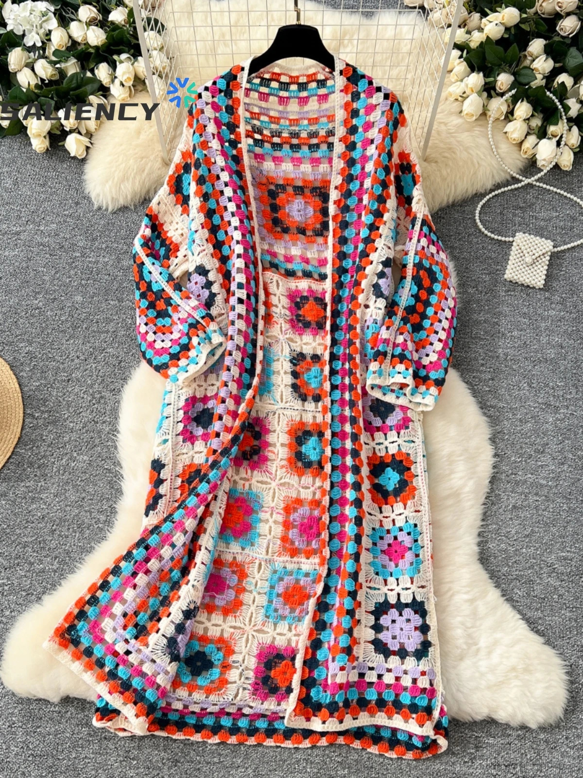 SALIENCY Summer Holiday Beach Long Cardigans Spring Fashion Vintage Floral Knit Cardigan Streetwear Loose Hollow Out Overcoat 261015