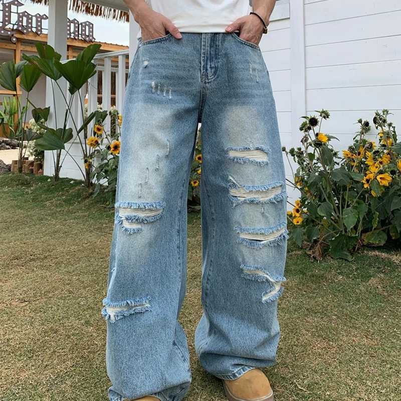 Men's Jeans Men's Ripped Washed Straight Wide-leg Jeans Y2K Streetwear Cleanfit Blue Baggy Denim Pants Hip Hop Punk Fashion Jean TrousersT