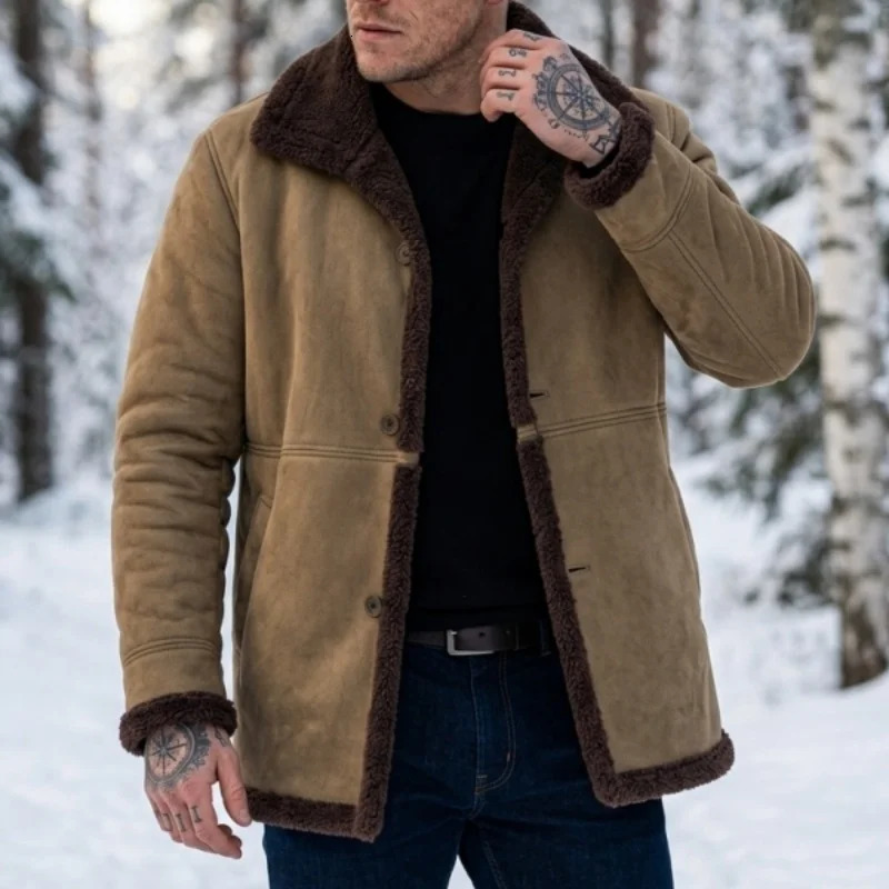 Mens Faux Wool Winter Jacket Outdoor Workwear and Hiking Fleece Lined Suede Warm Outerwear 260922