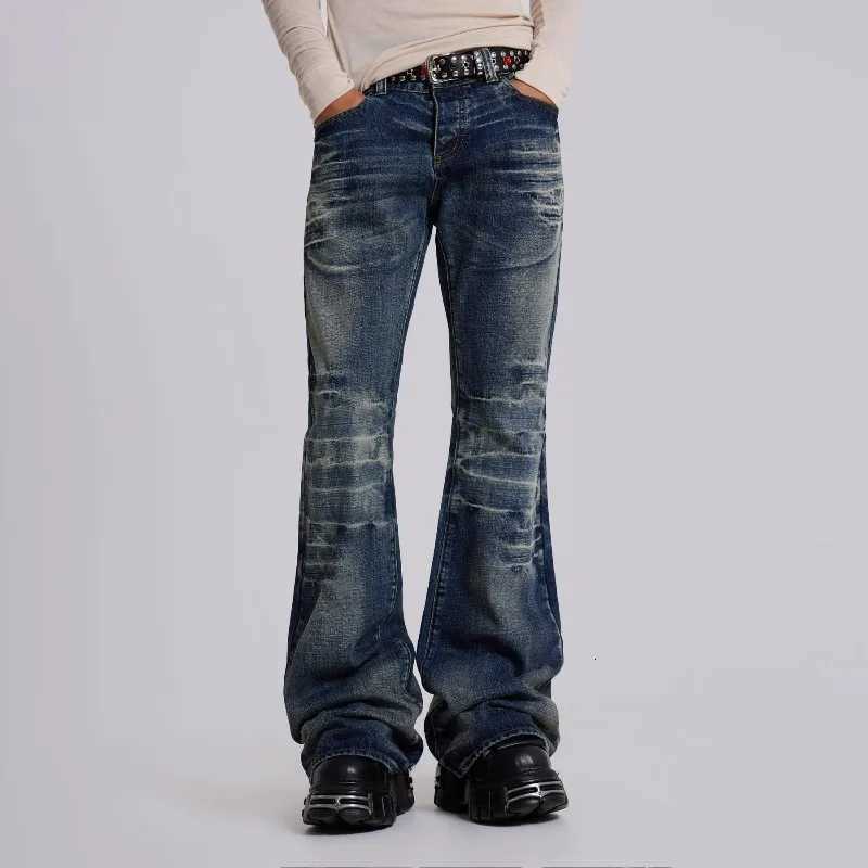 Men's Jeans Y2K Vintage Flared Jeans Mid Blue Washed Men Women Bootcut Jeans American Hip Hop Distressed Streetwear Unisex Wide Leg PantsT26101