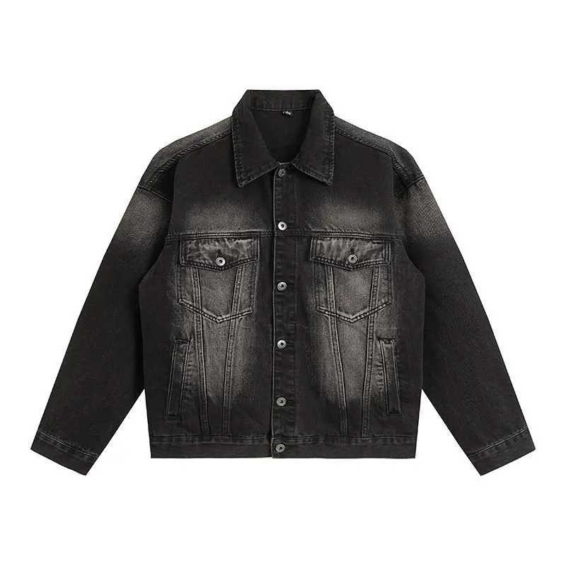 Acid Faded Black Men's Jackets Wash Denim Trucker Jacket Men Vintage Faded Jean Coat Oversized Urban Streetwear Outerwear Denim Top Hip Hop N26