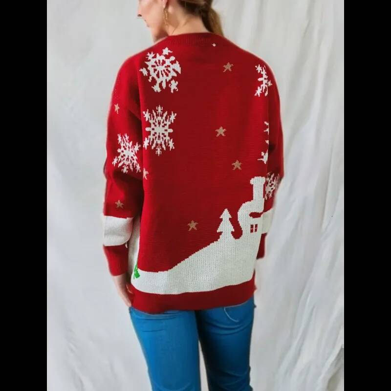 Christmas Snowman Print Round Neck Long Sleeve Knitted Pullover Sweater Women Winter Autumn Casual Fashion Jumper Top