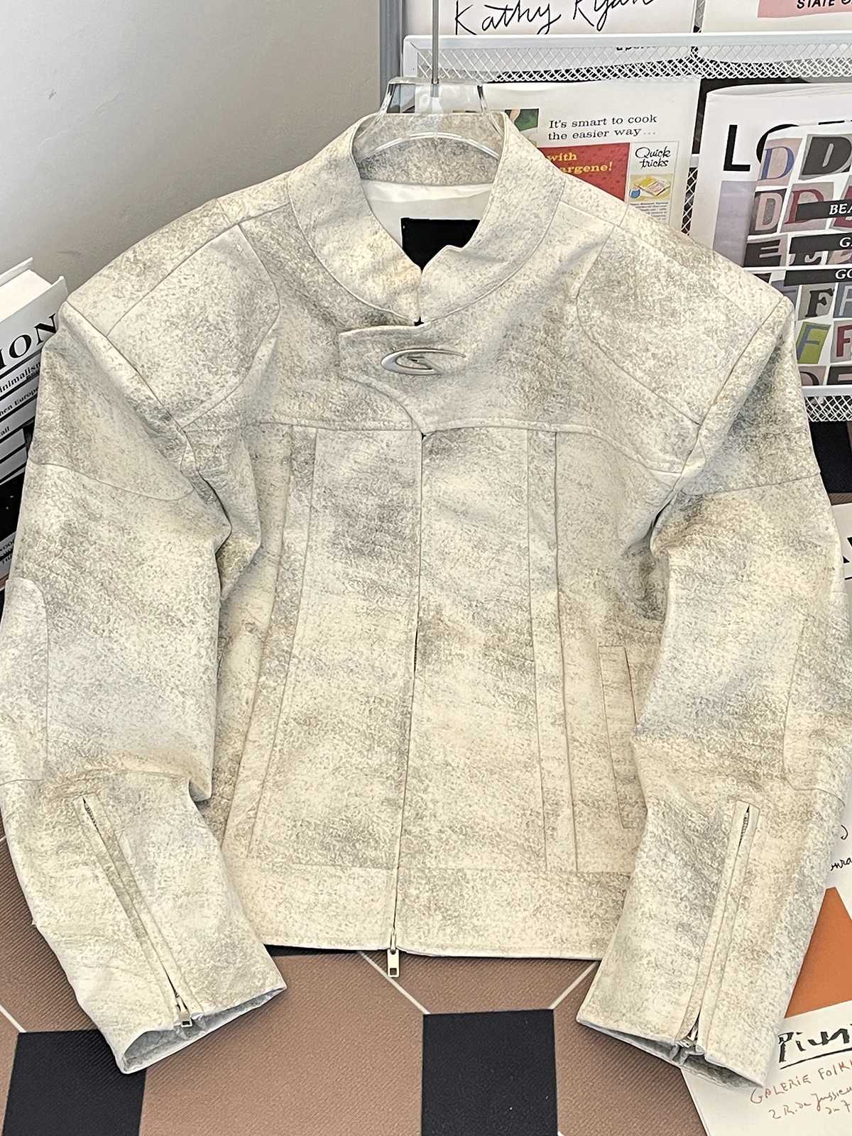 Jackets PU Leather Jacket Men's Men's Spring Autumn American Street Tie Dye Motorcycle High Street Coat Loose Casual Shoulder Padded Jacke