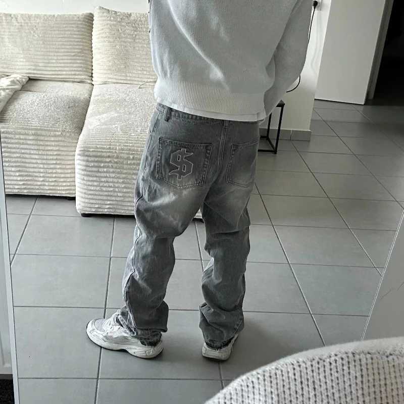 Men's Jeans Dollar Pattern Embroidery Retro Jeans Men Y2K Splice Hip Hop Baggy Pants Gothic Streetwear Fashion Low Rise Jeans Clothing NewT2610