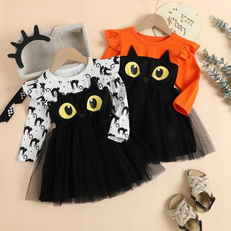 New 2026 EU US Halloween Girls Dress Spring Autumn Long Sleeve Cartoon Print Tulle Princess Dress for Kids Party Performance S261016K1GQ
