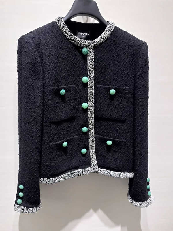 designer Women's Jackets Autumn New Women's Tweed Short Jacket Black with Green Trim and Buttons, High-End Fashion