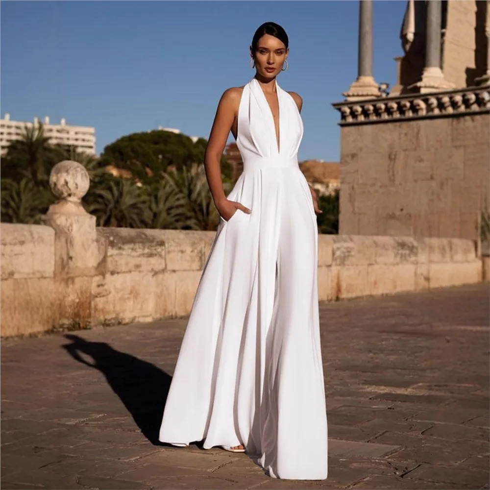 Elegant Women's Jumpsuit Solid Color Sleeveless Halter Vneck Backless High Waisted Wide Leg Office Workplace Business Rompers 261015