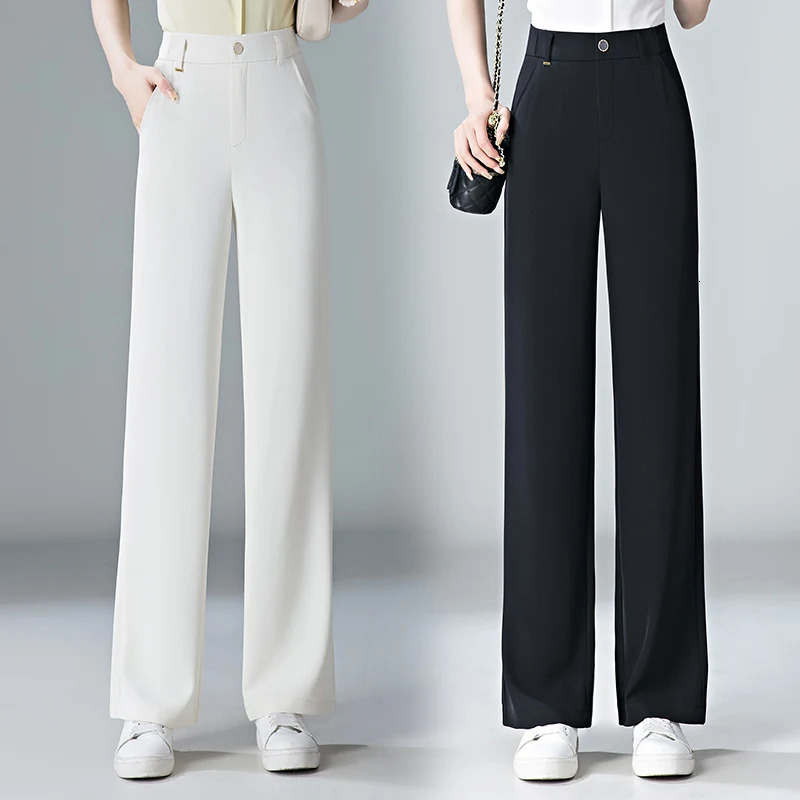 white Straight leg Pant's Summer Thin ice silk 2024 high Waisted drape Slimming Loose Casual cylinder 261015