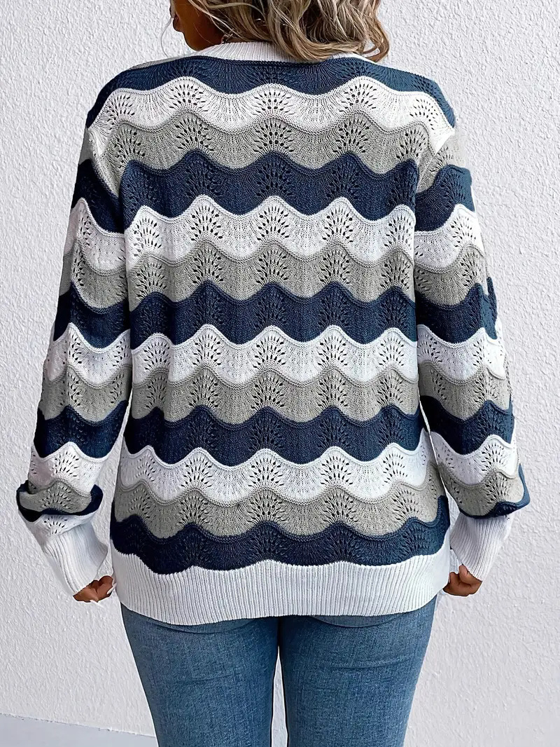 Cross-border new fashion hollow V-neck wavy striped knit pullover, spring and autumn long-sleeved loose-fitting top for women