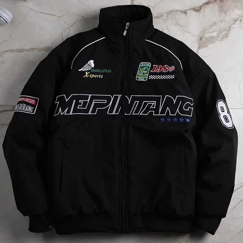 Jackets Mens American Street Men's Retro Color Block Stand Collar Thick Jacket Loose Trendy Letter Print Fashion Casual Streetwear Winter Coat