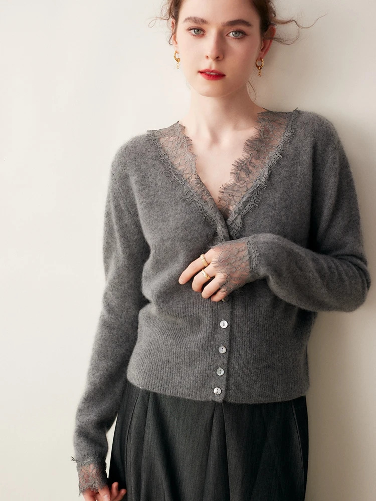 Chic Women's 100% Cashmere Sweater Lace n Cardigan Office Lady Grace Cashmere Knitwear Autumn Winter 261015