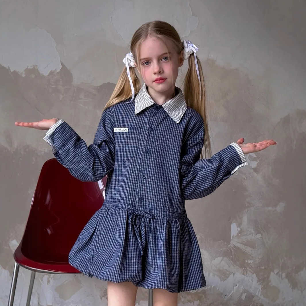 Dress Shirt 2025 Spring New Korean Fashion Doll Neck Long Sleeve Retro Plaid Shirt Dress Kids Clothes Girls S261016OHY3