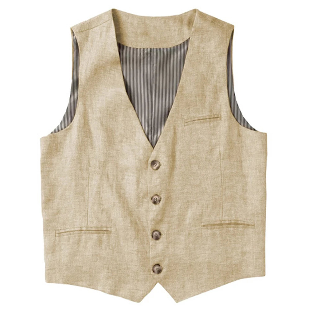 Beige Linen Men's Vest V Neck Summer Waistcoat Single Breasted Light Weigt Suits 260928